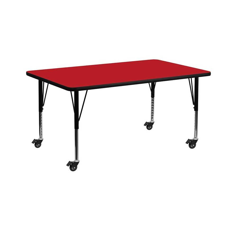 Mobile 30''W x 72''L Rectangular Red HP Laminate Activity Table - Height Adjustable Short Legs