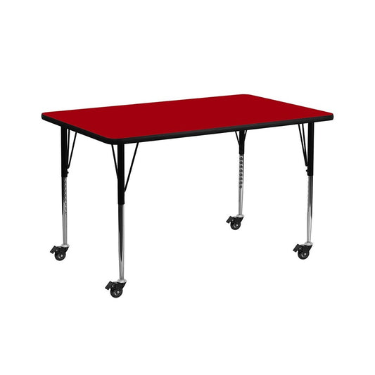 Mobile 30''W x 72''L Rectangular Red Thermal Laminate Activity Table - Standard Height Adjustable Legs