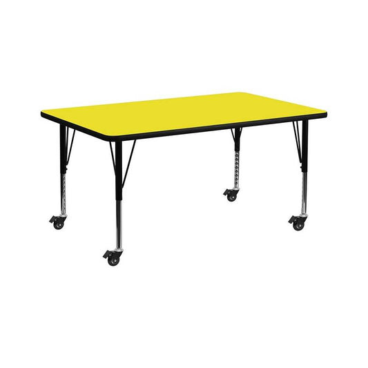 Mobile 30''W x 72''L Rectangular Yellow HP Laminate Activity Table - Height Adjustable Short Legs