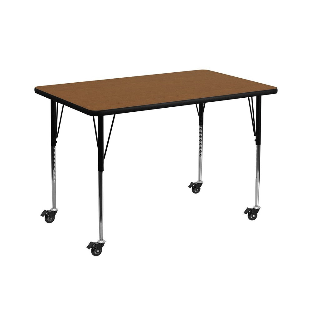 Mobile 36''W x 72''L Rectangular Oak HP Laminate Activity Table - Standard Height Adjustable Legs