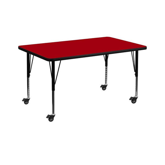 Mobile 36''W x 72''L Rectangular Red Thermal Laminate Activity Table - Height Adjustable Short Legs