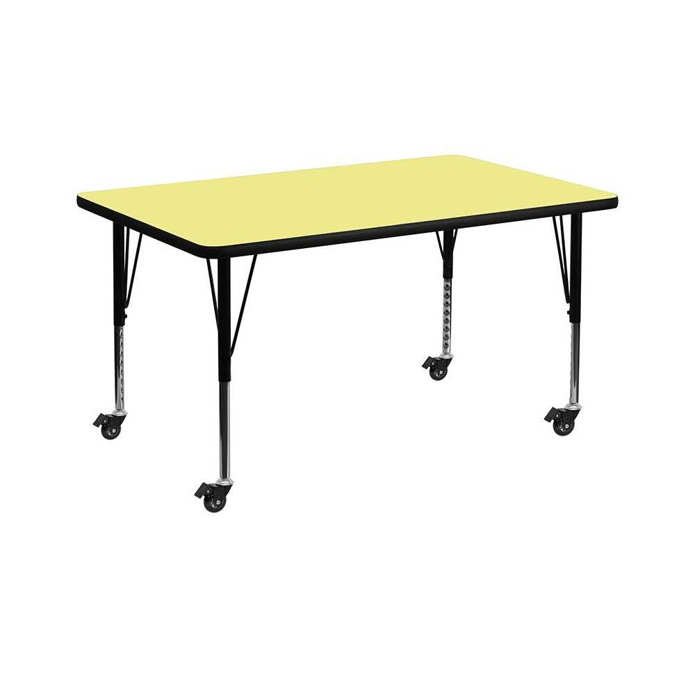 Mobile 36''W x 72''L Rectangular Yellow Thermal Laminate Activity Table - Height Adjustable Short Legs