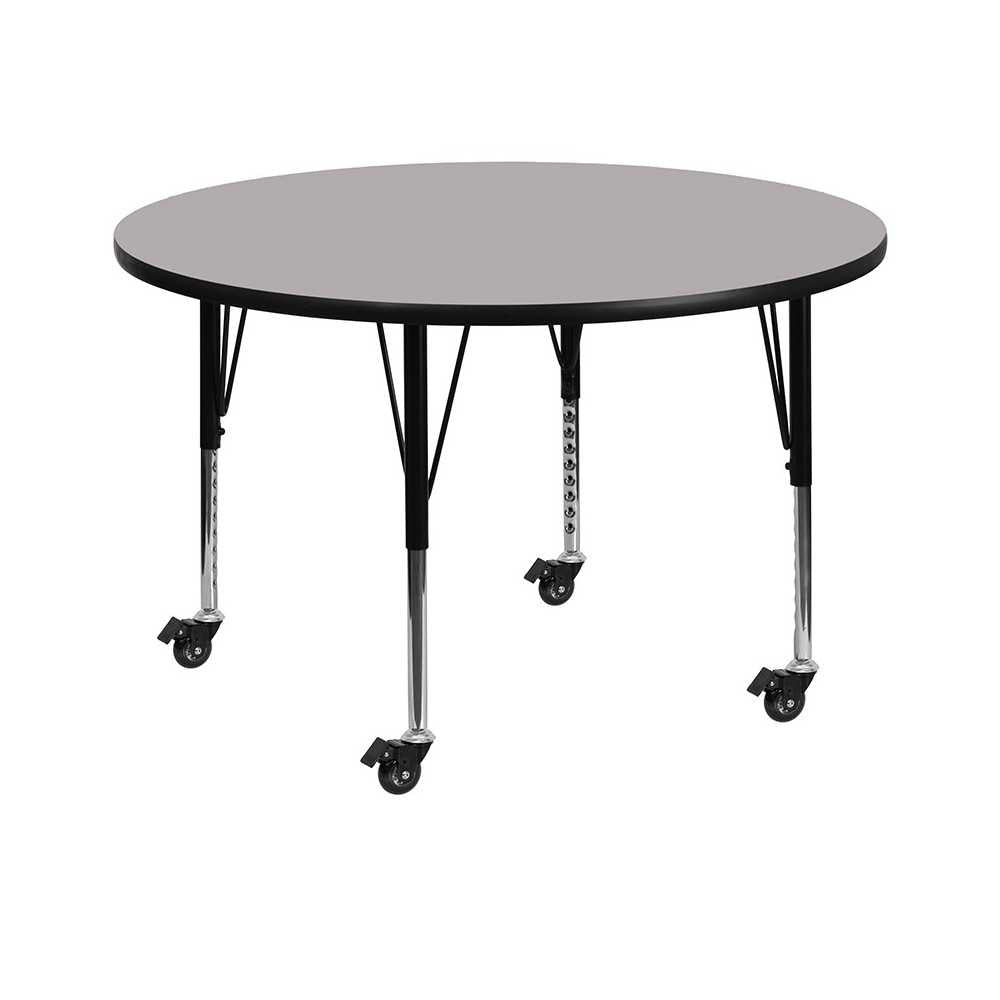 Mobile 42'' Round Gray Thermal Laminate Activity Table - Height Adjustable Short Legs