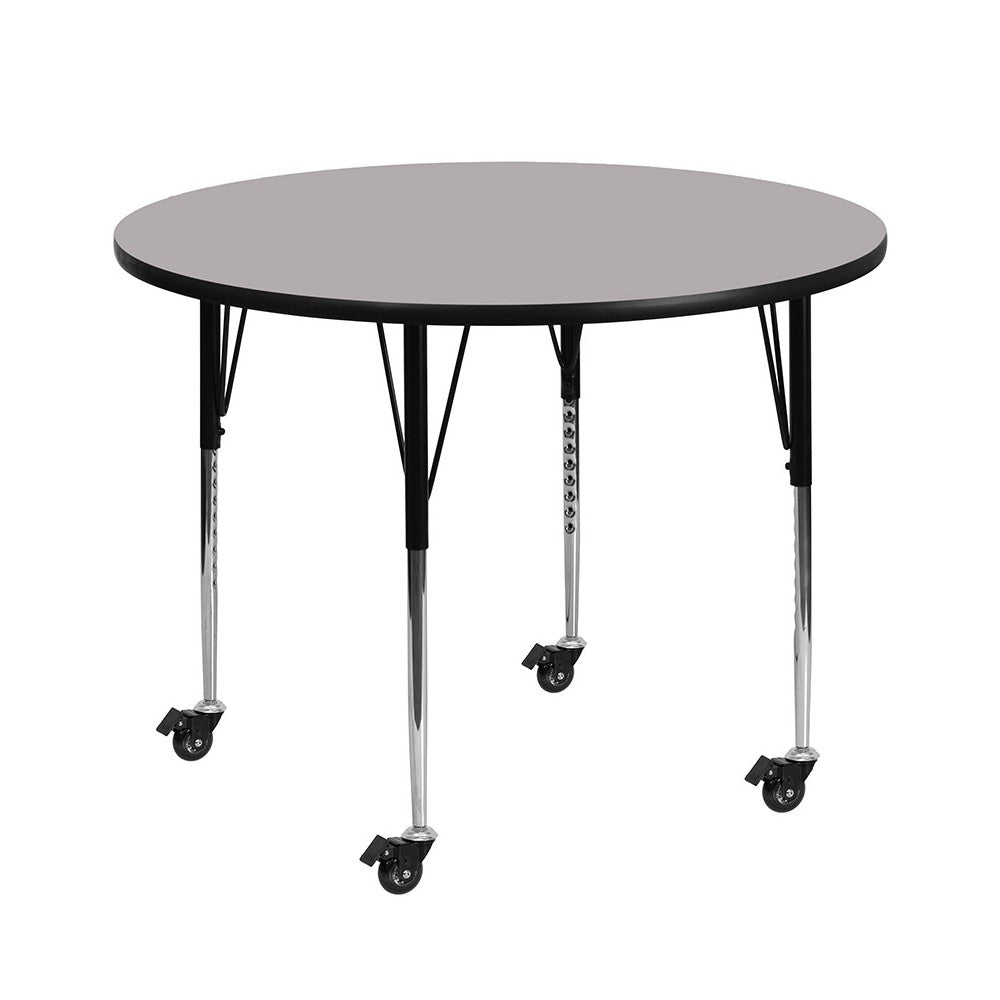 Mobile 42'' Round Gray Thermal Laminate Activity Table - Standard Height Adjustable Legs