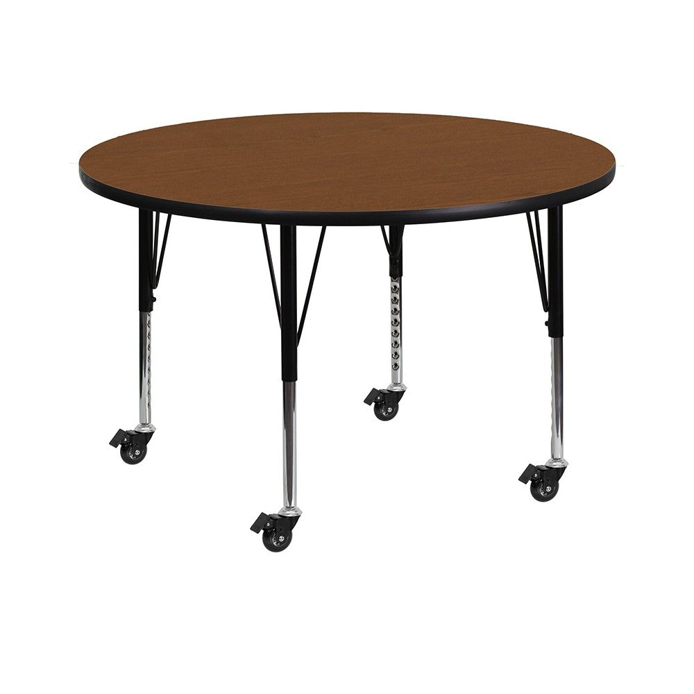 Mobile 42'' Round Oak HP Laminate Activity Table - Height Adjustable Short Legs