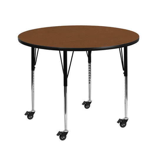 Mobile 42'' Round Oak HP Laminate Activity Table - Standard Height Adjustable Legs