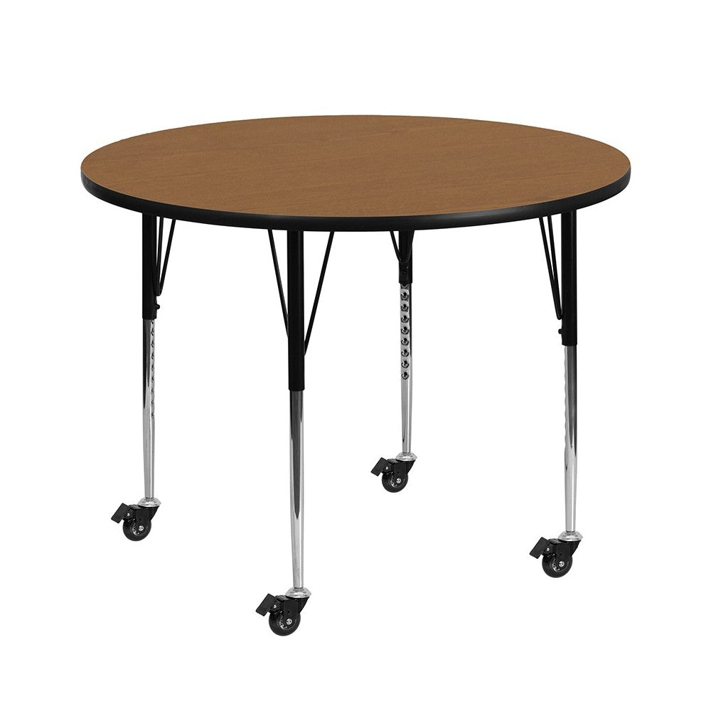 Mobile 42'' Round Oak Thermal Laminate Activity Table - Standard Height Adjustable Legs