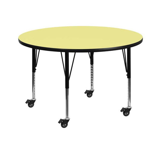 Mobile 42'' Round Yellow Thermal Laminate Activity Table - Height Adjustable Short Legs