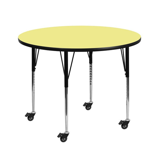 Mobile 42'' Round Yellow Thermal Laminate Activity Table - Standard Height Adjustable Legs