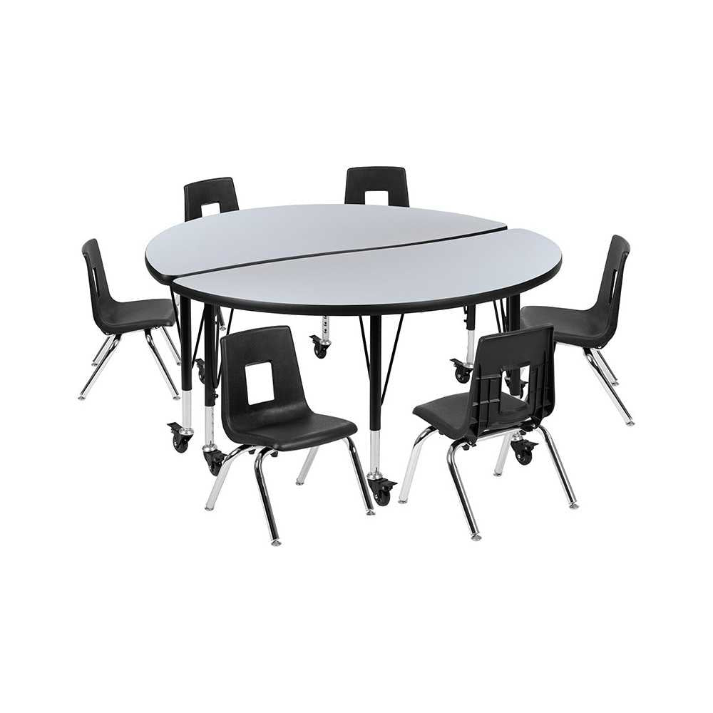 Mobile 47.5" Circle Wave Collaborative Laminate Activity Table Set with 12" Student Stack Chairs, Gray/Black