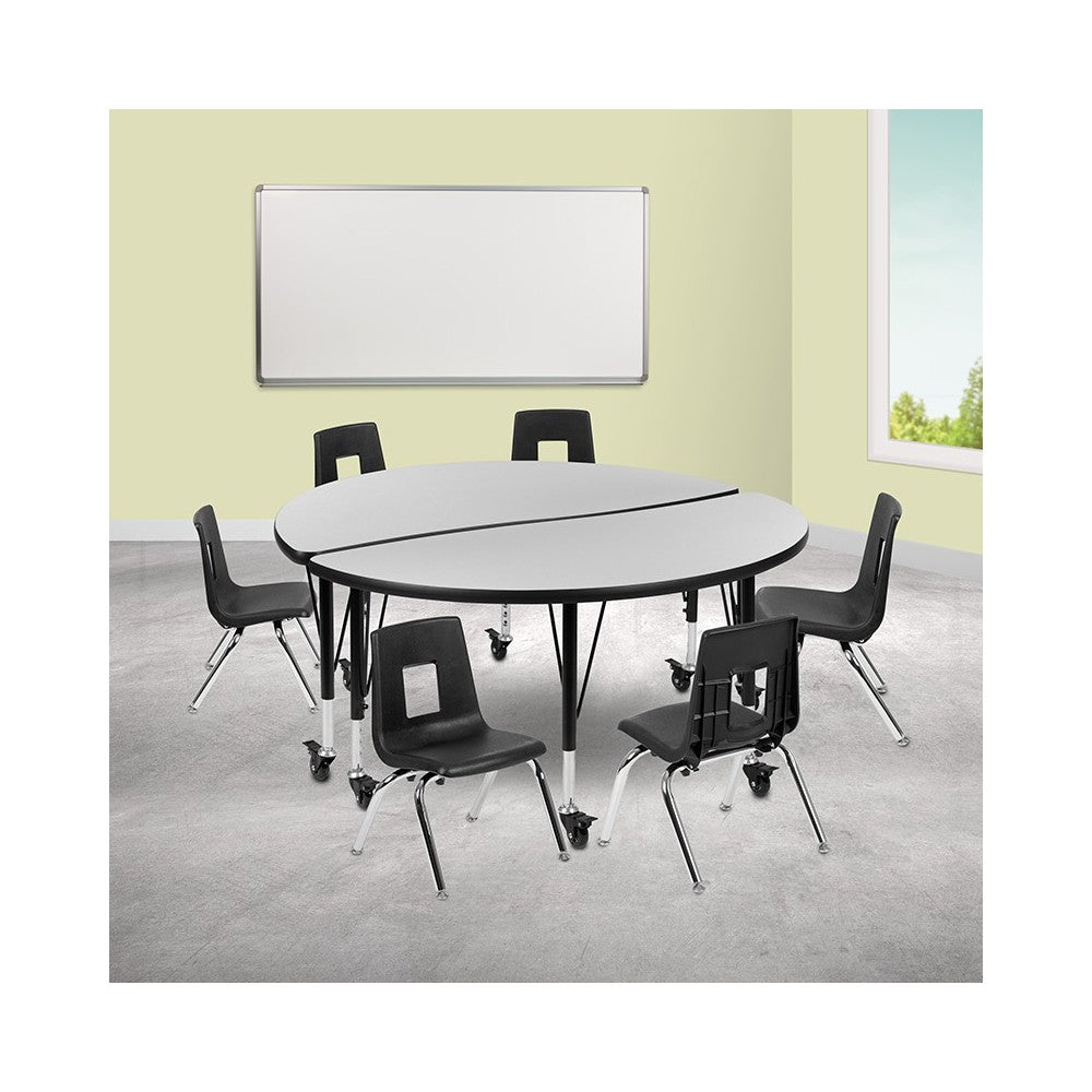 Mobile 47.5" Circle Wave Collaborative Laminate Activity Table Set with 12" Student Stack Chairs, Gray/Black