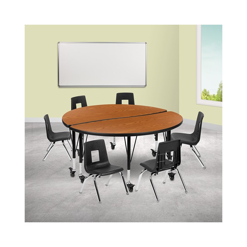 Mobile 47.5" Circle Wave Collaborative Laminate Activity Table Set with 12" Student Stack Chairs, Oak/Black