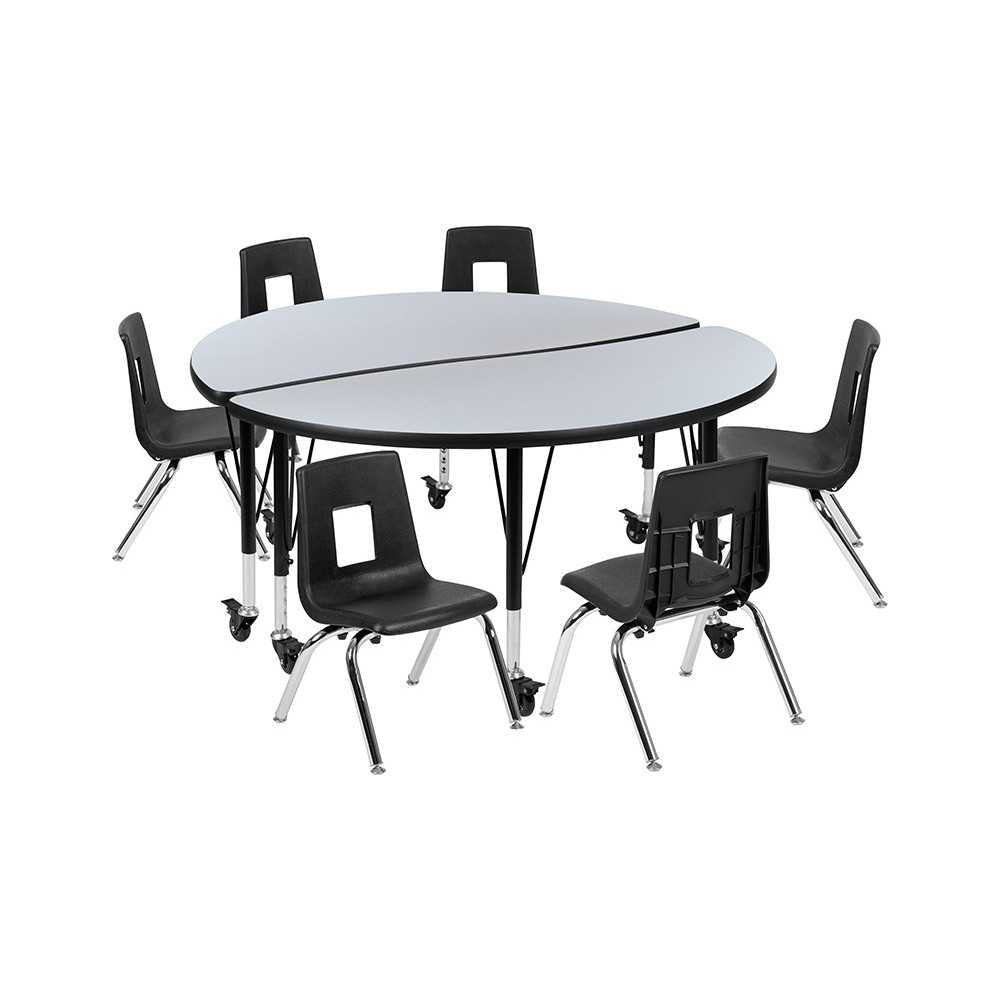 Mobile 47.5" Circle Wave Collaborative Laminate Activity Table Set with 14" Student Stack Chairs, Gray/Black