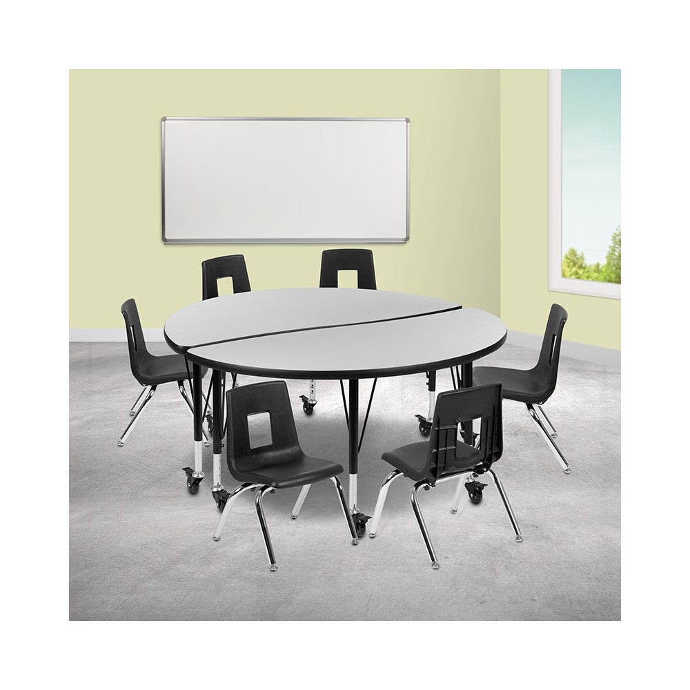 Mobile 47.5" Circle Wave Collaborative Laminate Activity Table Set with 14" Student Stack Chairs, Gray/Black