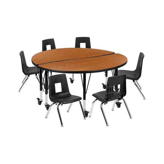 Mobile 47.5" Circle Wave Collaborative Laminate Activity Table Set with 14" Student Stack Chairs, Oak/Black