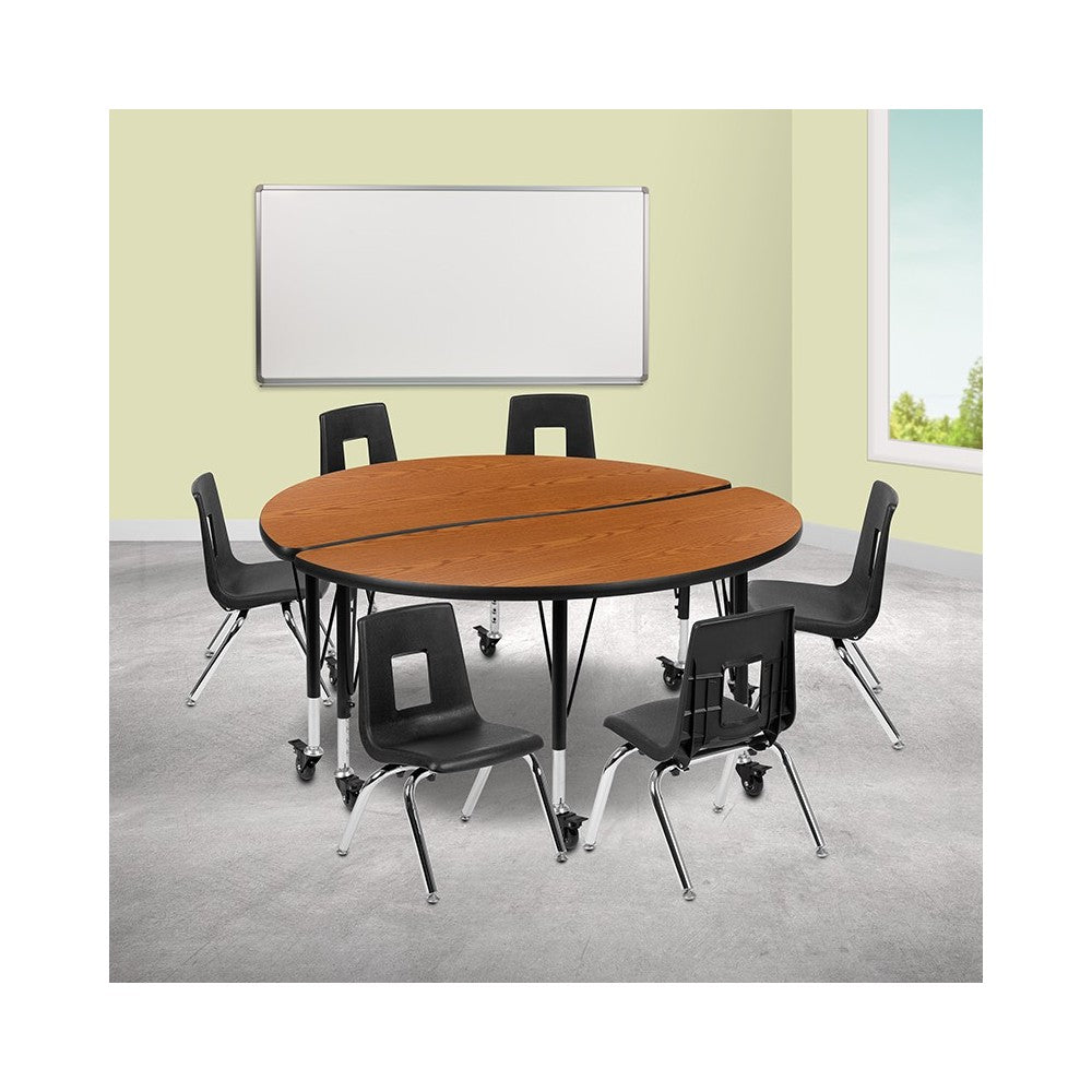 Mobile 47.5" Circle Wave Collaborative Laminate Activity Table Set with 14" Student Stack Chairs, Oak/Black