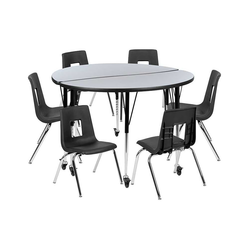 Mobile 47.5" Circle Wave Collaborative Laminate Activity Table Set with 16" Student Stack Chairs, Gray/Black