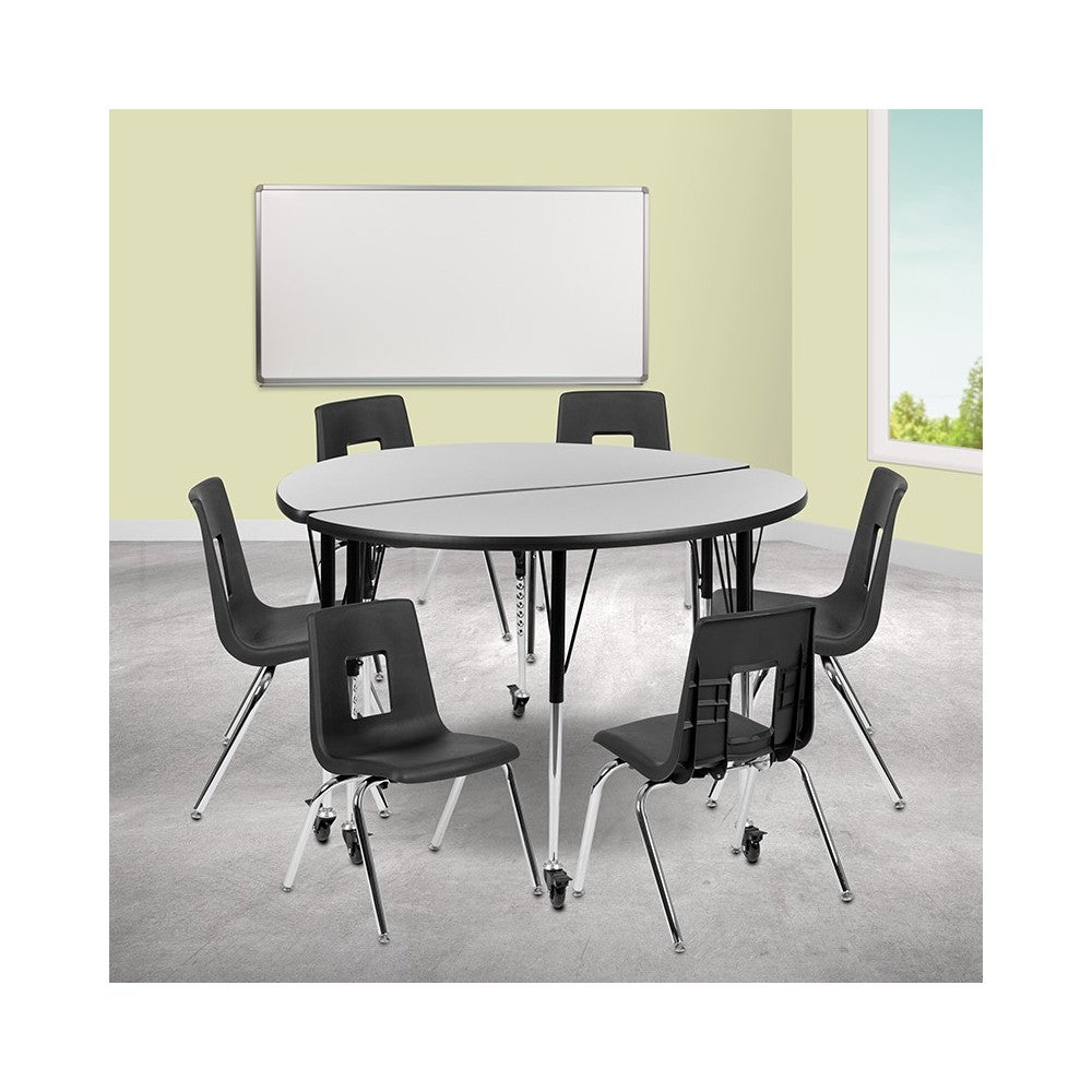 Mobile 47.5" Circle Wave Collaborative Laminate Activity Table Set with 16" Student Stack Chairs, Gray/Black