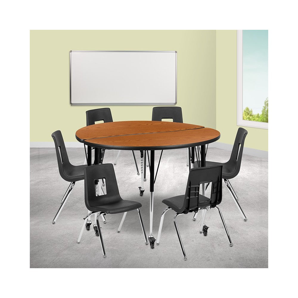 Mobile 47.5" Circle Wave Collaborative Laminate Activity Table Set with 16" Student Stack Chairs, Oak/Black