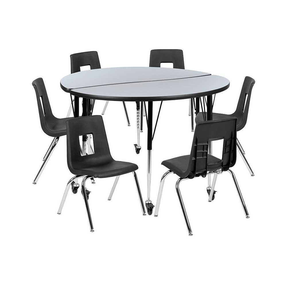 Mobile 47.5" Circle Wave Collaborative Laminate Activity Table Set with 18" Student Stack Chairs, Gray/Black