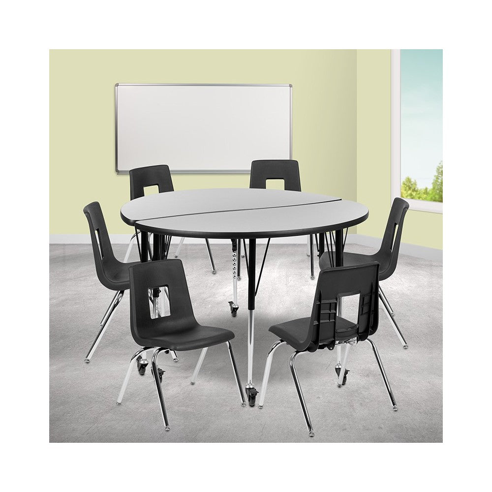 Mobile 47.5" Circle Wave Collaborative Laminate Activity Table Set with 18" Student Stack Chairs, Gray/Black