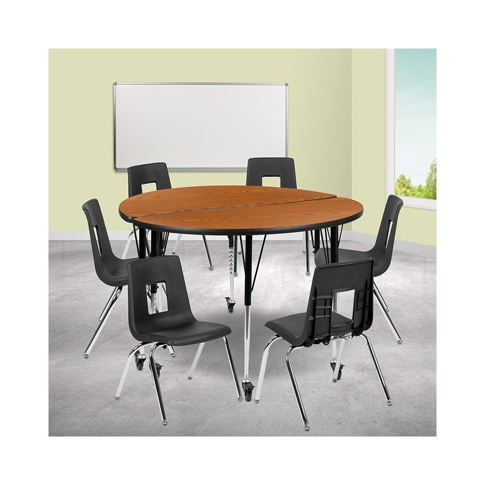 Mobile 47.5" Circle Wave Collaborative Laminate Activity Table Set with 18" Student Stack Chairs, Oak/Black