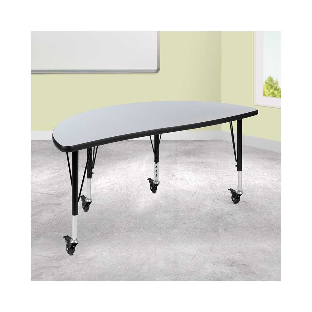 Mobile 47.5" Half Circle Wave Collaborative Gray Thermal Laminate Activity Table - Height Adjustable Short Legs
