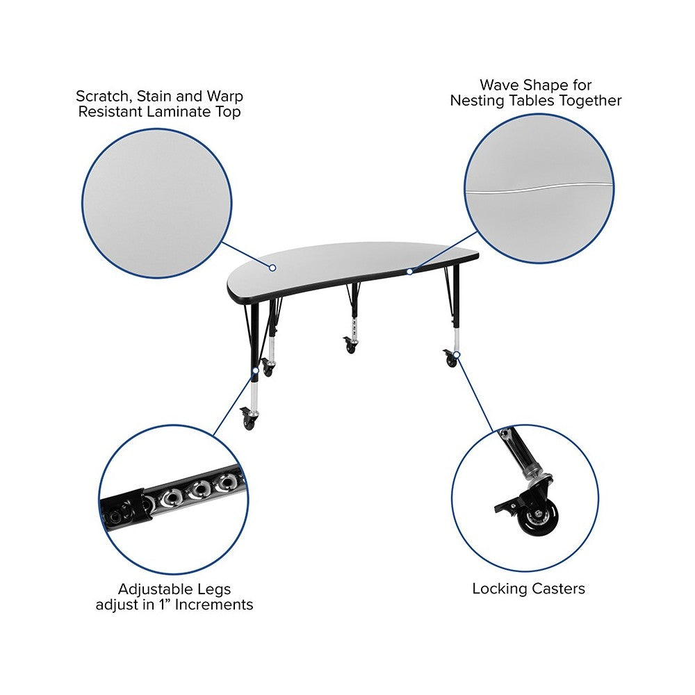 Mobile 47.5" Half Circle Wave Collaborative Gray Thermal Laminate Activity Table - Height Adjustable Short Legs