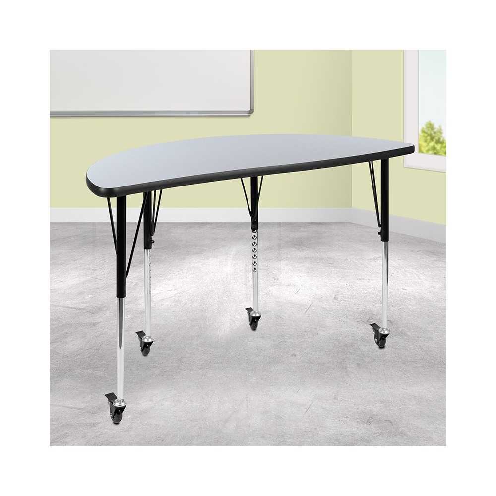 Mobile 47.5" Half Circle Wave Collaborative Gray Thermal Laminate Activity Table - Standard Height Adjustable Legs