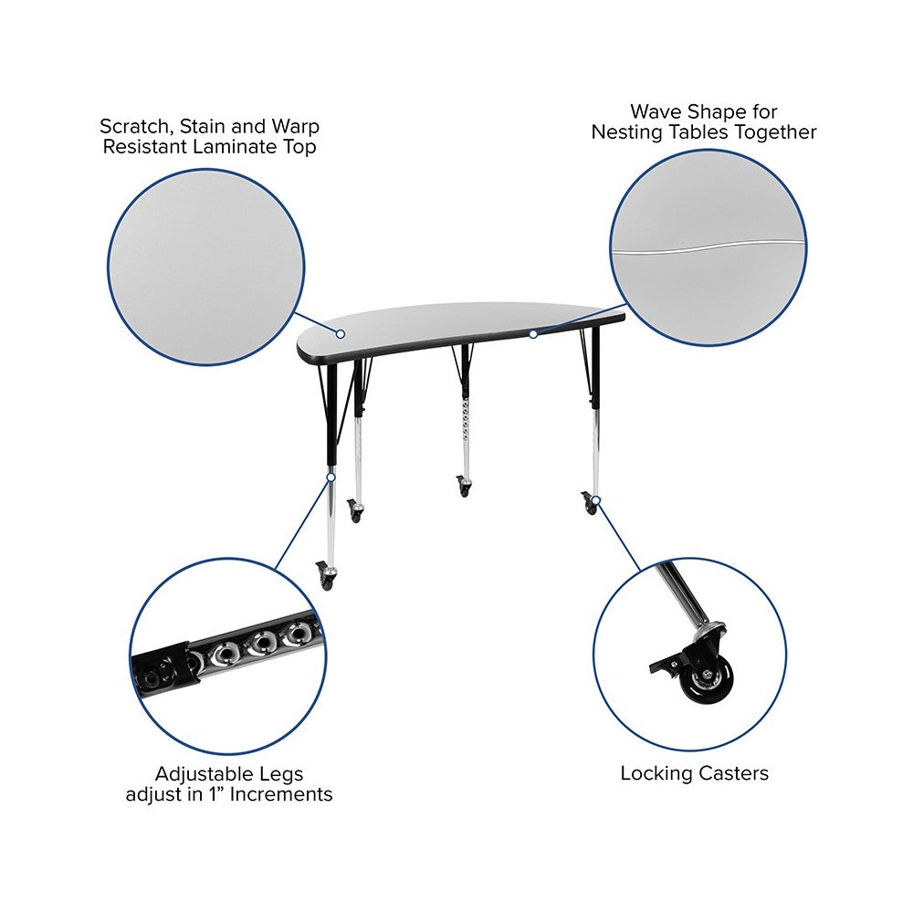 Mobile 47.5" Half Circle Wave Collaborative Gray Thermal Laminate Activity Table - Standard Height Adjustable Legs