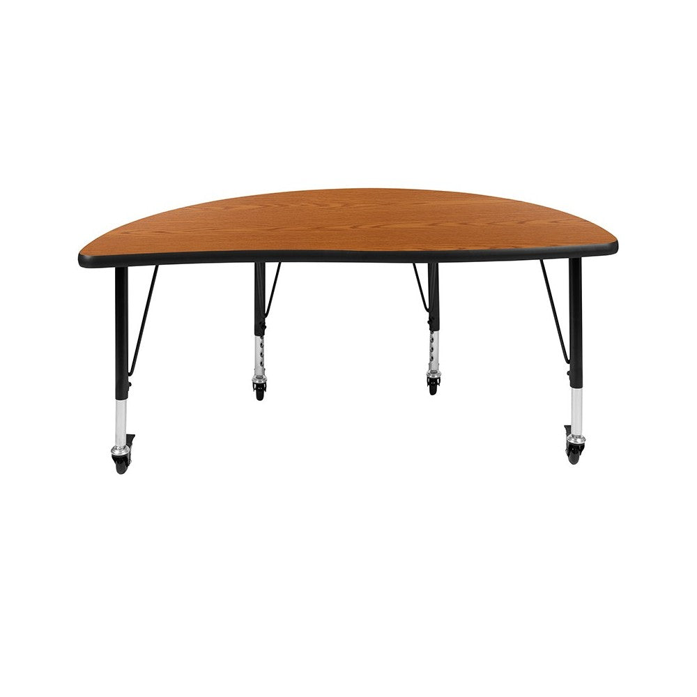 Mobile 47.5" Half Circle Wave Collaborative Oak Thermal Laminate Activity Table - Height Adjustable Short Legs
