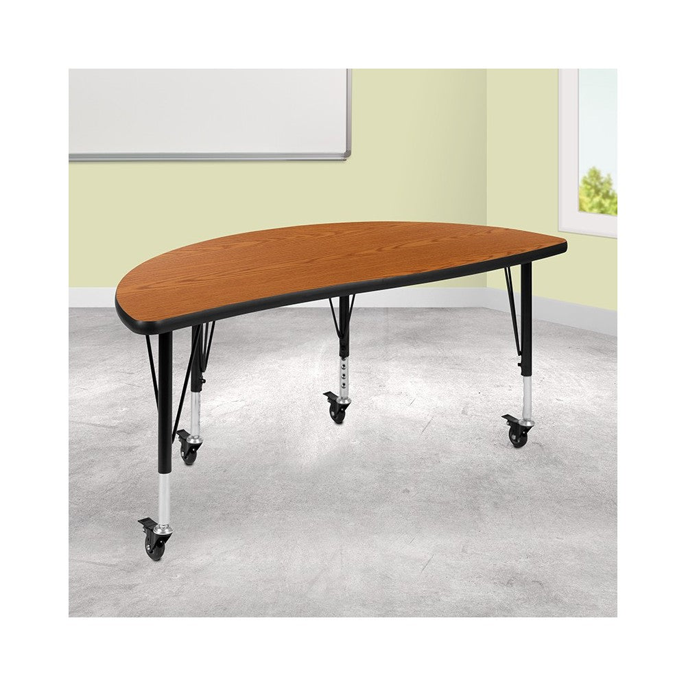 Mobile 47.5" Half Circle Wave Collaborative Oak Thermal Laminate Activity Table - Height Adjustable Short Legs