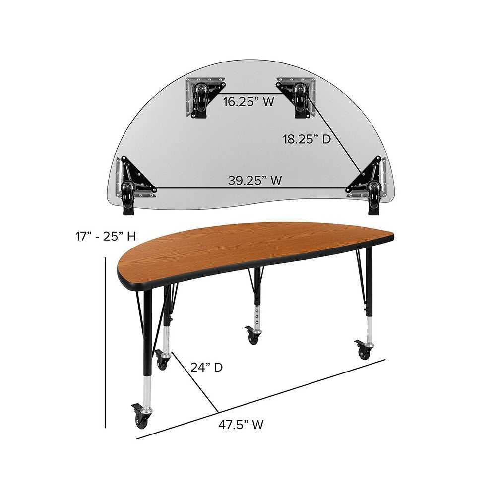 Mobile 47.5" Half Circle Wave Collaborative Oak Thermal Laminate Activity Table - Height Adjustable Short Legs