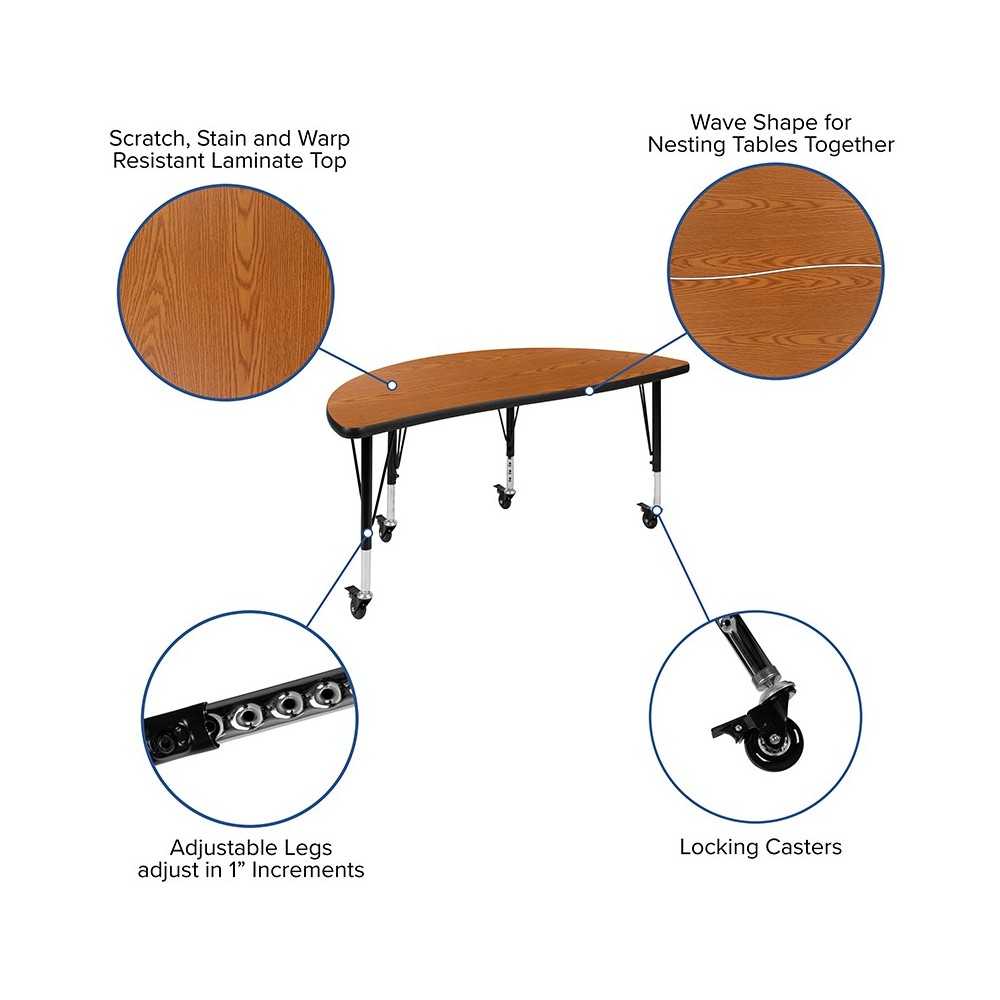 Mobile 47.5" Half Circle Wave Collaborative Oak Thermal Laminate Activity Table - Height Adjustable Short Legs