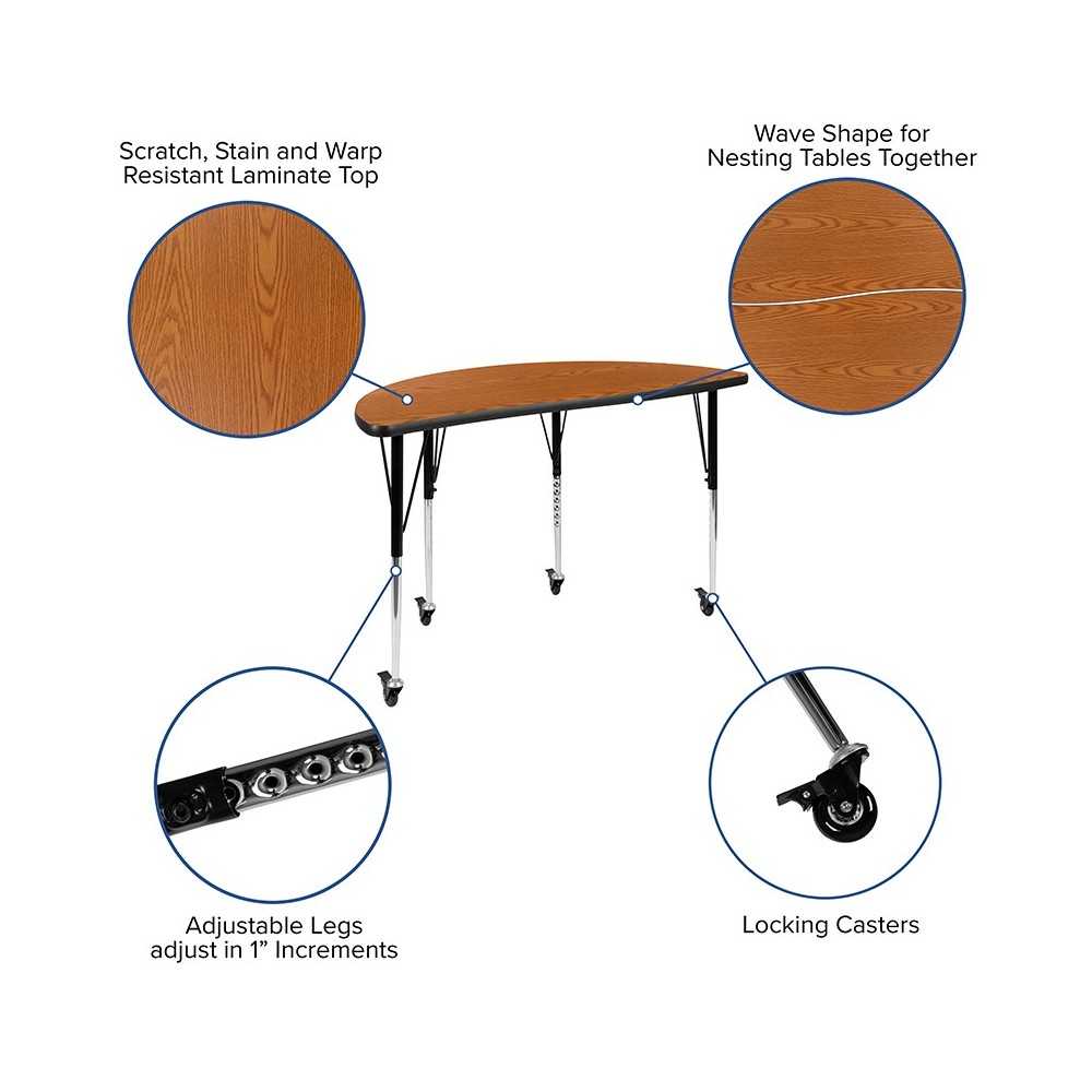 Mobile 47.5" Half Circle Wave Collaborative Oak Thermal Laminate Activity Table - Standard Height Adjustable Legs