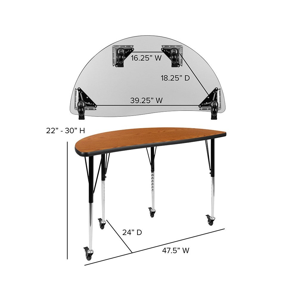 Mobile 47.5" Half Circle Wave Collaborative Oak Thermal Laminate Activity Table - Standard Height Adjustable Legs