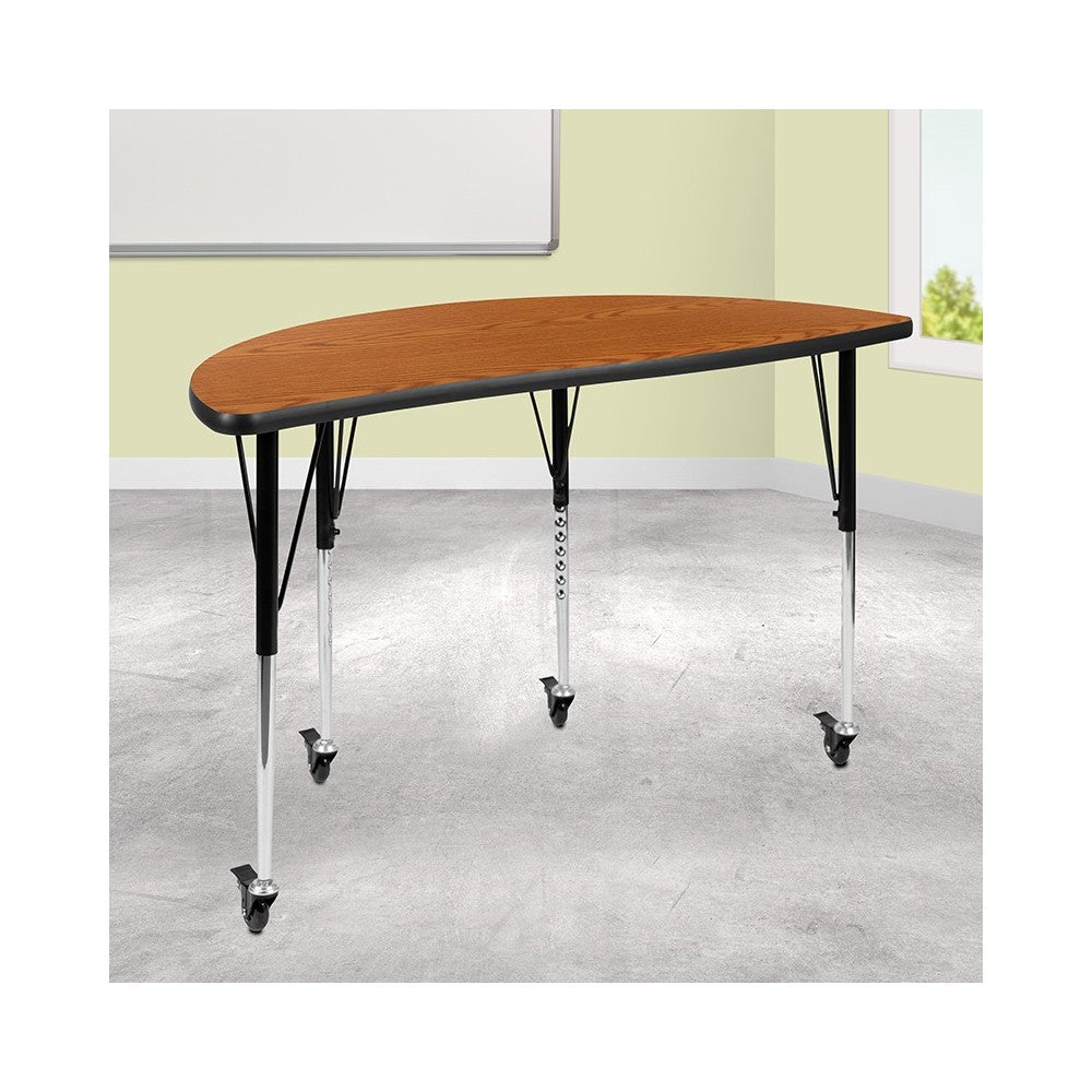 Mobile 47.5" Half Circle Wave Collaborative Oak Thermal Laminate Activity Table - Standard Height Adjustable Legs