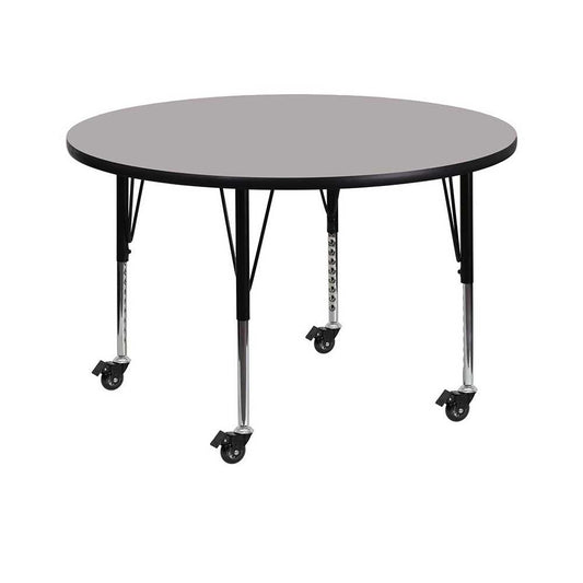 Mobile 48'' Round Gray HP Laminate Activity Table - Height Adjustable Short Legs