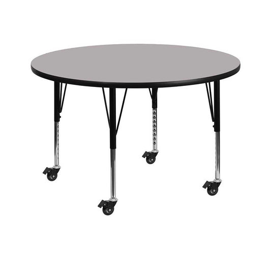 Mobile 48'' Round Gray Thermal Laminate Activity Table - Height Adjustable Short Legs