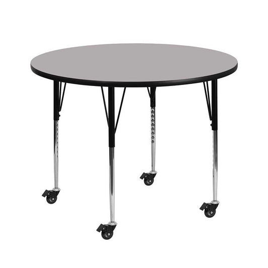 Mobile 48'' Round Gray Thermal Laminate Activity Table - Standard Height Adjustable Legs