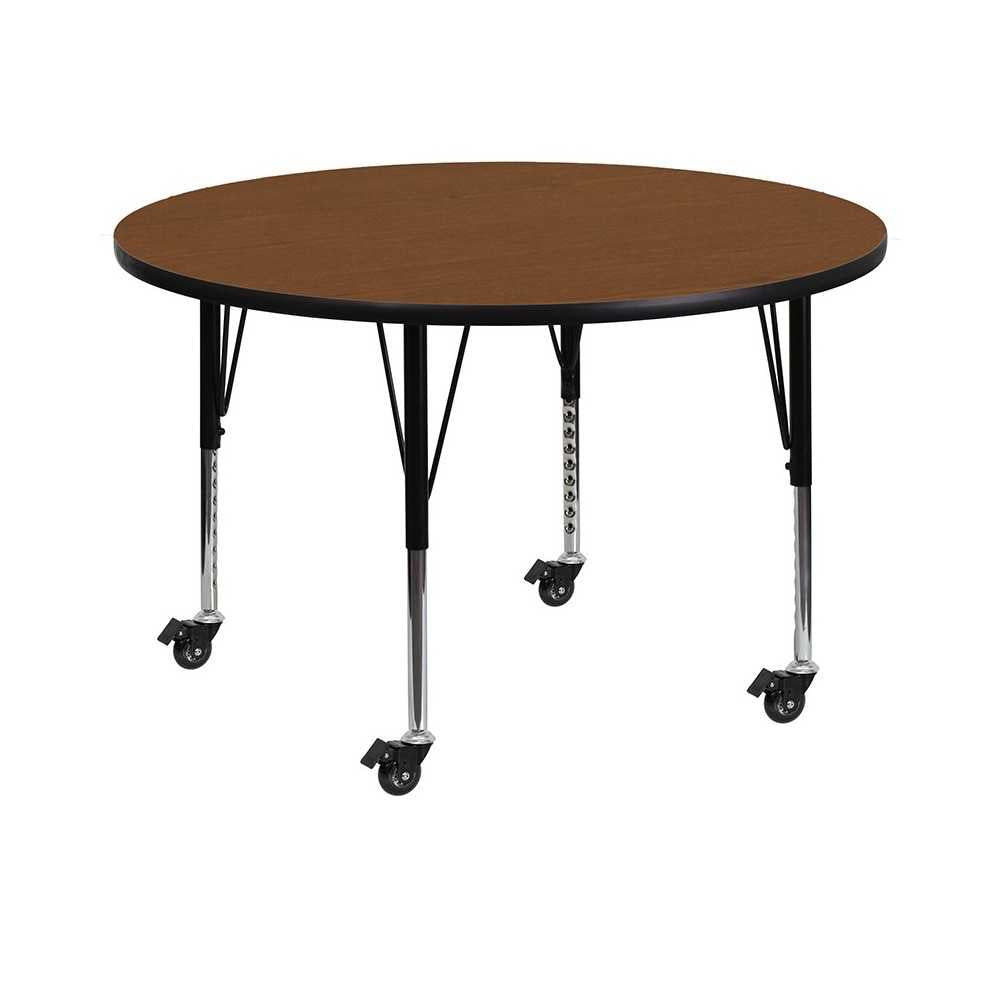 Mobile 48'' Round Oak HP Laminate Activity Table - Height Adjustable Short Legs