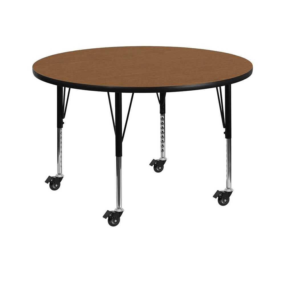 Mobile 48'' Round Oak Thermal Laminate Activity Table - Height Adjustable Short Legs