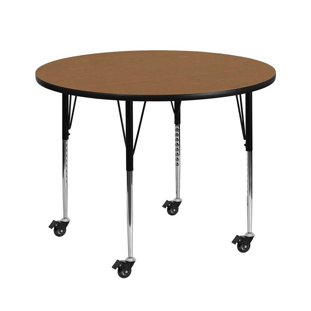 Mobile 48'' Round Oak Thermal Laminate Activity Table - Standard Height Adjustable Legs