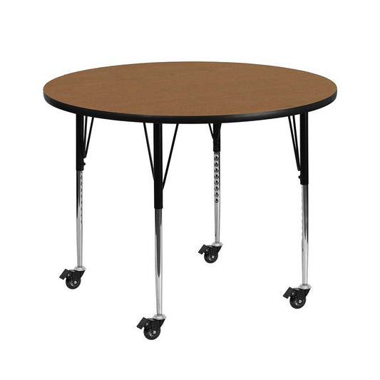 Mobile 48'' Round Oak Thermal Laminate Activity Table - Standard Height Adjustable Legs