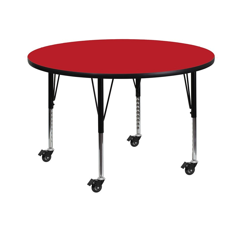 Mobile 48'' Round Red HP Laminate Activity Table - Height Adjustable Short Legs