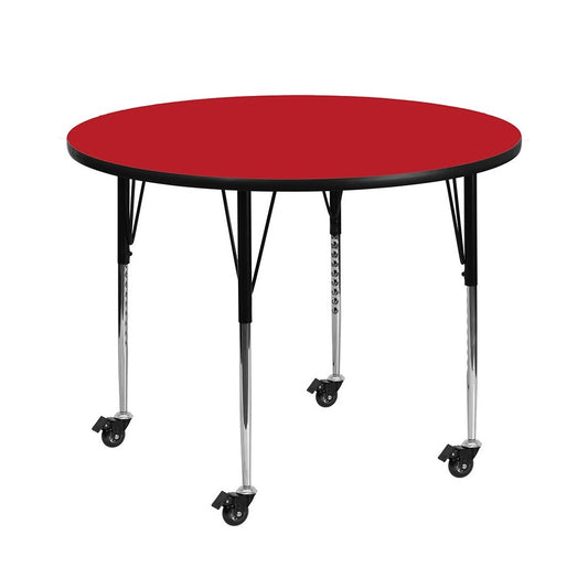 Mobile 48'' Round Red HP Laminate Activity Table - Standard Height Adjustable Legs