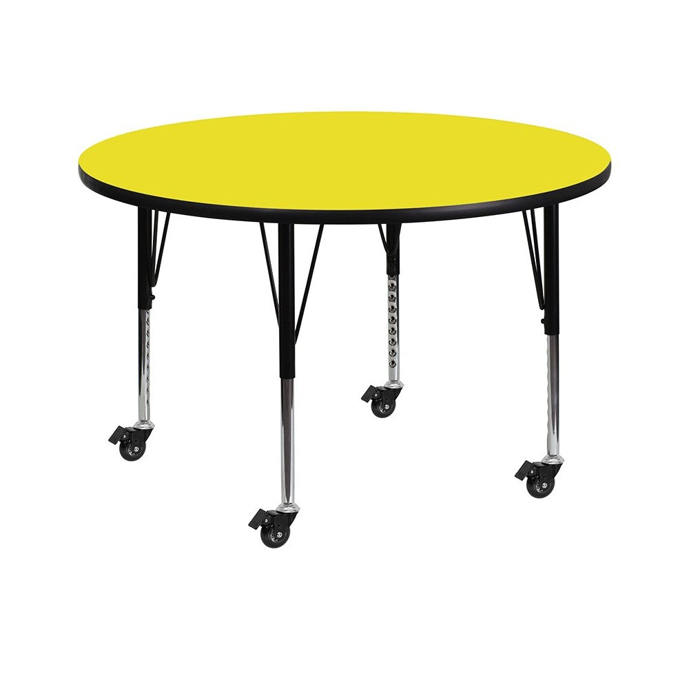 Mobile 48'' Round Yellow HP Laminate Activity Table - Height Adjustable Short Legs