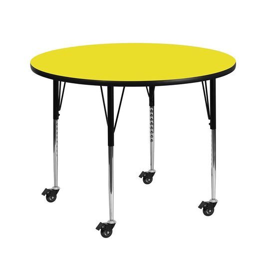 Mobile 48'' Round Yellow HP Laminate Activity Table - Standard Height Adjustable Legs