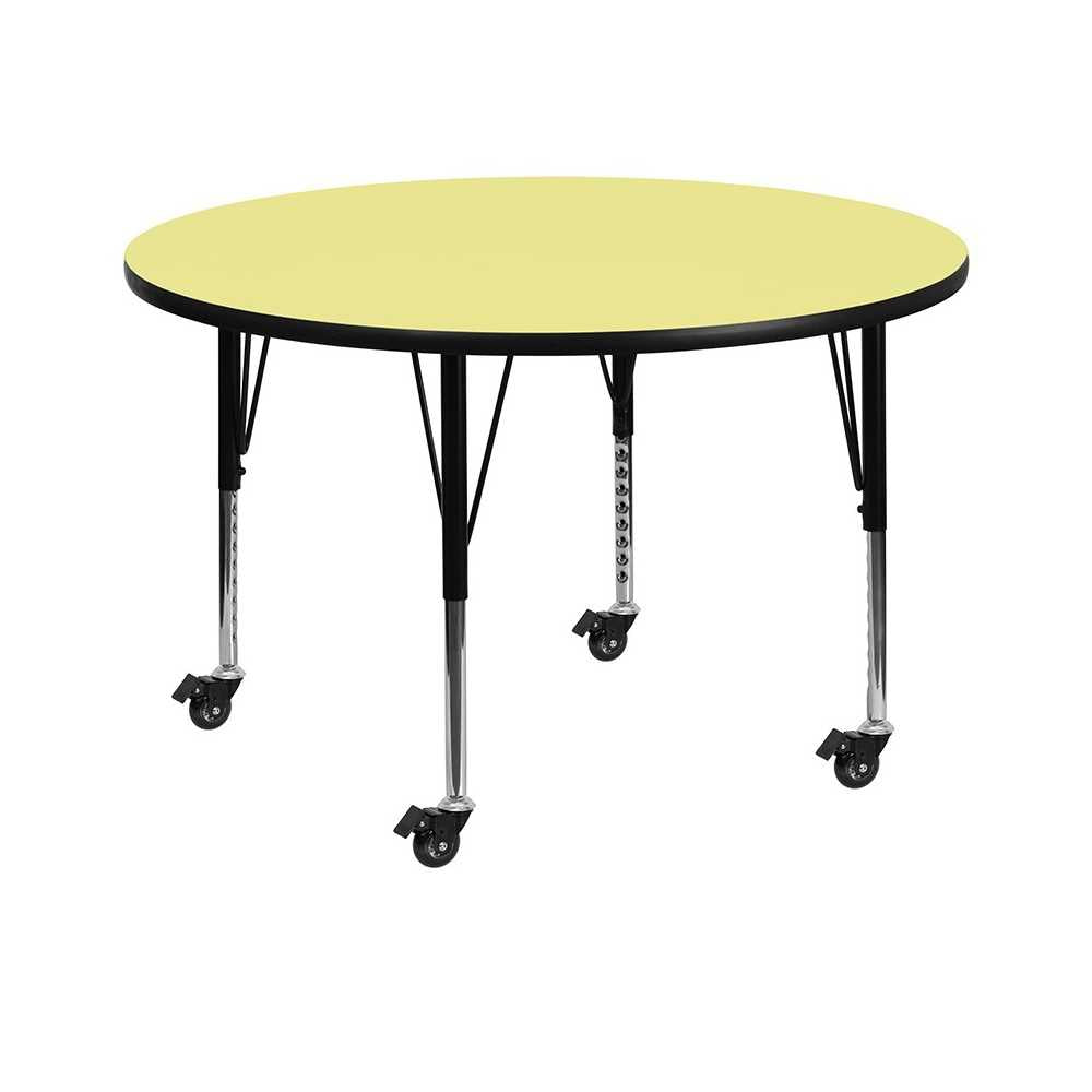 Mobile 48'' Round Yellow Thermal Laminate Activity Table - Height Adjustable Short Legs