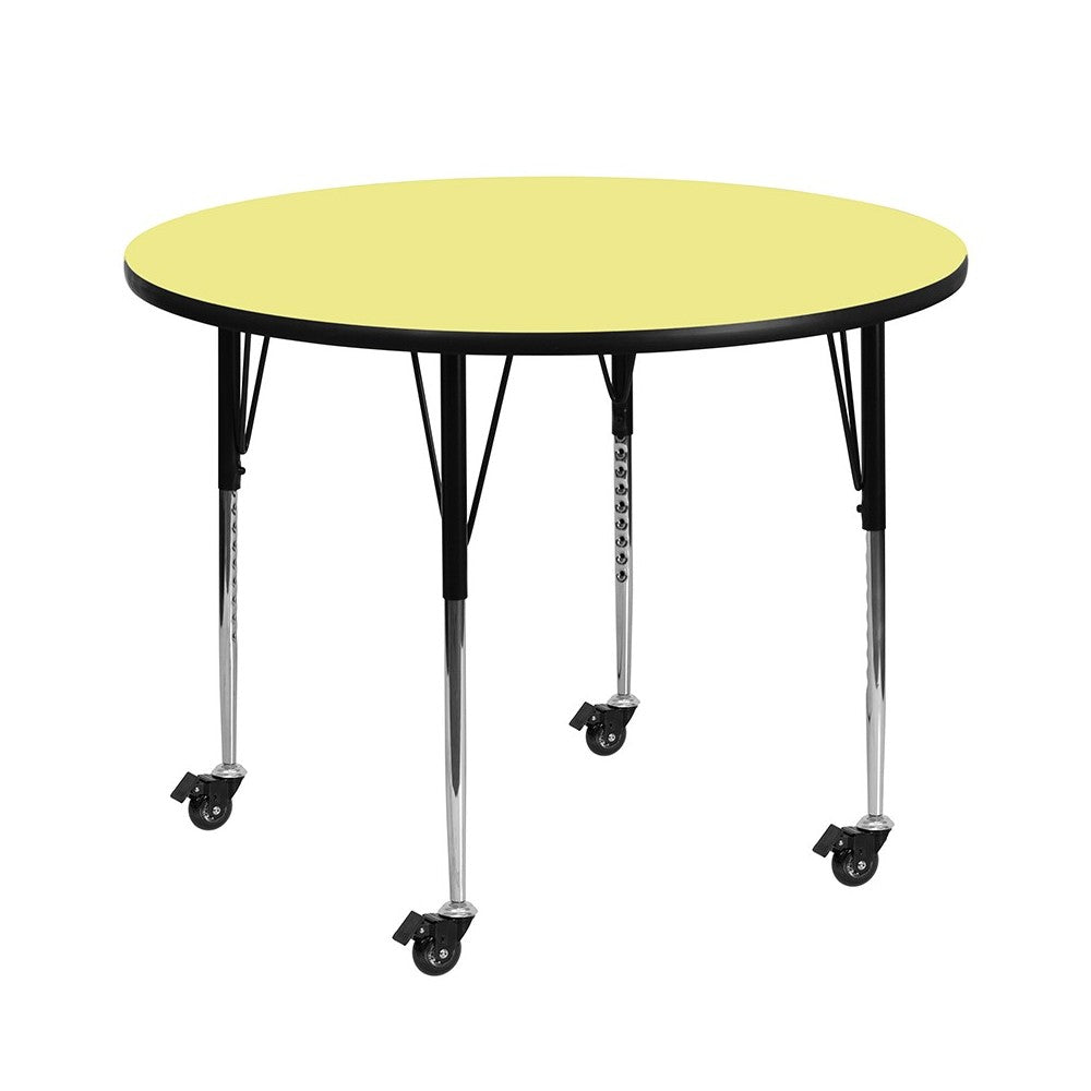 Mobile 48'' Round Yellow Thermal Laminate Activity Table - Standard Height Adjustable Legs